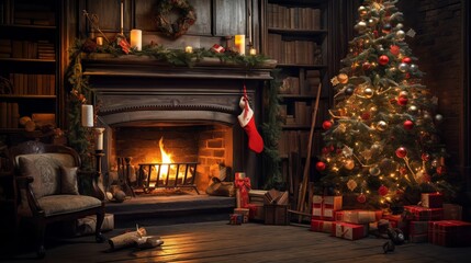 Fototapeta na wymiar Enchanting Christmas scene: glowing tree, cozy fireplace, and festive gifts in a magical interior