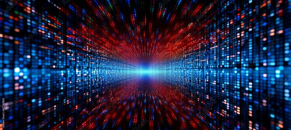 Poster Digital data particles technology background. Blue red colors. Generative AI technology.