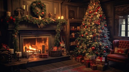 Interior Christmas scene with glowing tree, fireplace, and gifts in a cozy dark setting