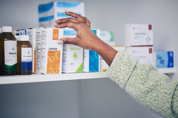 Woman, customer and hands on box for medicine or medical medication on shelf at the pharmacy. Female person or patient shopping pharmaceutical products or drugs for healthcare cure at clinic store - obrazy, fototapety, plakaty