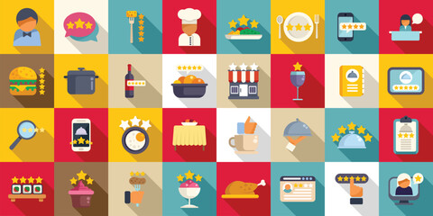 Food critic icons set flat vector. Food social review. Cooking critic expert - obrazy, fototapety, plakaty