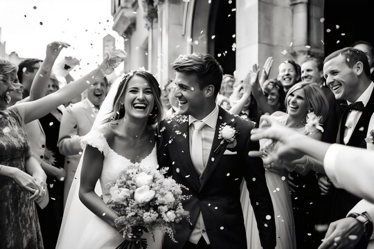 Happy bride a on their wedding day. Black and white photo. Weeding scene. Generative AI.
