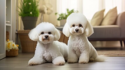 In a well-kept house, there are two Bichon Frise dogs. The clean and welcoming environment is a testament to the dedicated care provided for the pets.