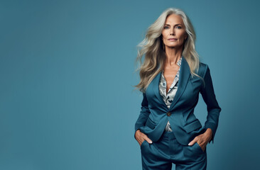 Beautiful serious mature business woman model 50, 60, 70 years old posing on a blue background in formal style clothes suit
