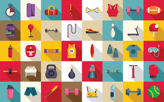 Sporting goods store icons set flat vector. Sport shop store. Sportswear interior online
