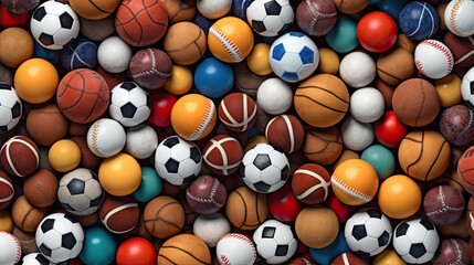 sport, fitness, game, sports equipment and objects concept - close up of different sports balls set from top - obrazy, fototapety, plakaty