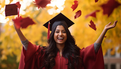 Happy Indian students celebrating graduation in Canada - obrazy, fototapety, plakaty