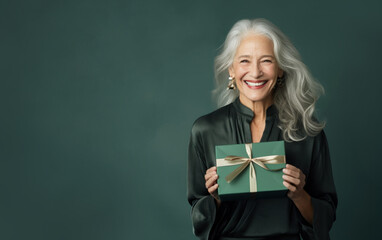 Beautiful mature woman 50, 60, 70 years old on a green background holding a large gift box, holiday surprise, compliment bonus for birthday anniversary - obrazy, fototapety, plakaty