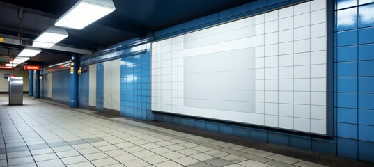 Underground train station corridor wall. Copy space for text and advert. Generative AI technology.