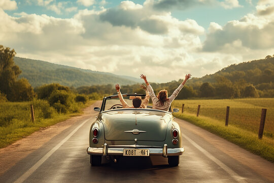 Couple traveling by a cabriolet on countryside road with cloudy sky.