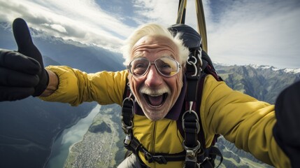 Excited elderly man in yellow jumpsuit skydiving with a thumbs-up