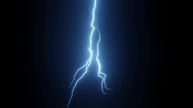 Strike lightning on black background, blue coloured, glowing flicker animation.
