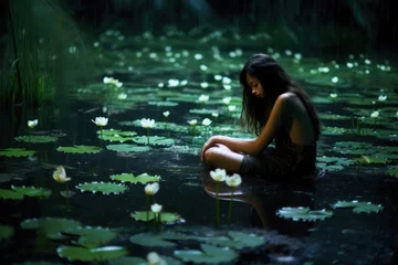 Fotobehang young woman sitting on rock in pond with lily pads and white flowers, serene and tranquil © GVS