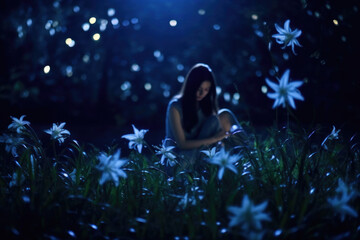 Obraz na płótnie Canvas Mysterious woman amidst flowers at nighttime