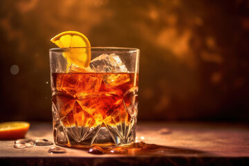Glass of whiskey with a lemon slice and ice cubes