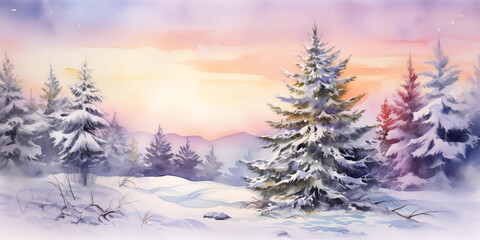 Fototapeta na wymiar Christmas winter scenery with snowy landscape in watercolor style - Generative AI