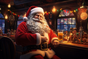 Santa Clause is sitting in a bar and drinking beer - Generative AI - obrazy, fototapety, plakaty