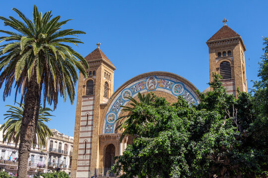 Splendid facade of the Sacred Heart Cathedral of Oran, Alg&eacute;ria. The cath&eacute;drale du Sacr&eacute; Coeur is now a bustling library packed with students and pigeons.