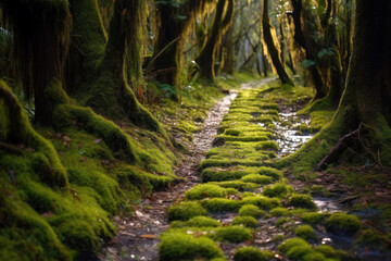 Mossy path winding through a dense forest with trees and ferns