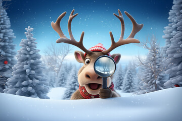 Funny reindeer rendering looks through a magnifying glass in front of a christmasy snow scenery - obrazy, fototapety, plakaty