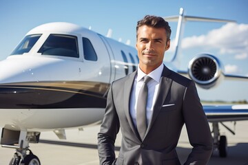Successful middle-aged businessman in front of his own private business jet
