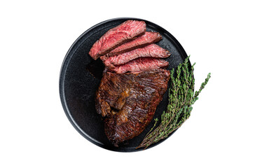 Grilled hanger or Onglet beef meat steak on a plate with thyme.  Transparent background. Isolated
