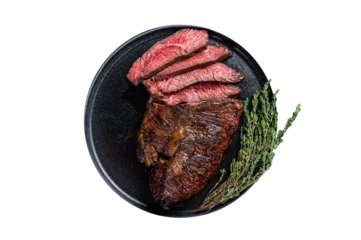 Foto op Canvas Grilled hanger or Onglet beef meat steak on a plate with thyme.  Transparent background. Isolated © Vladimir