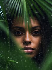 Mysterious woman concealed behind a tropical leaf - 672163609