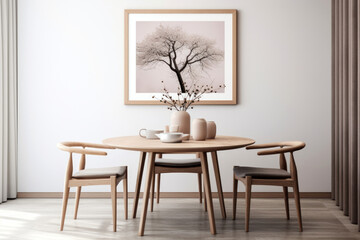 Rustic round table and chairs made of beige fabric in a spacious room. Scandinavian interior design for modern living room