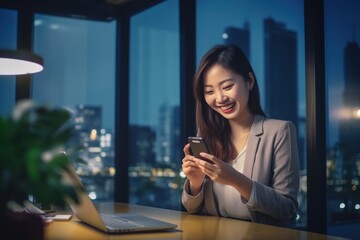 Young Asian woman smiling while using smartphone in a modern office - 672163640