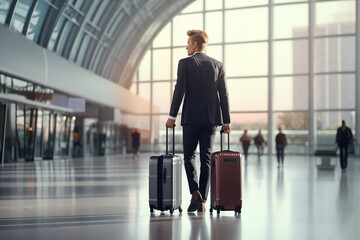 Rear view of young handsome businessman with luggage in modern airport terminal. - obrazy, fototapety, plakaty