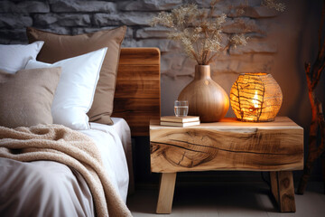 Rustic bedside table made from wood log near bed. Farmhouse interior design of modern bedroom