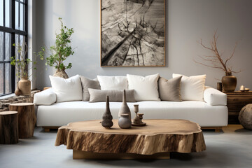 Live edge wooden accent coffee table near sofa close up. Interior design of modern living room