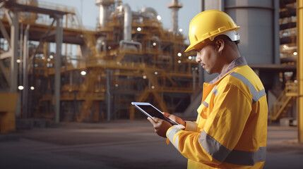 Engineer wearing a yellow helmet using tablet and looking for security oil refinery plant. Concept to Safety of oil refinery plant. - obrazy, fototapety, plakaty