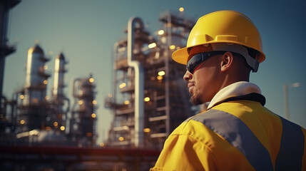 Side view closeup of male Technician in yellow hard helmet and uniform at oil and gas refinery in the morning.