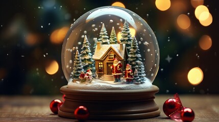 Fototapeta na wymiar Magical snow globe with Christmas decorations on a wooden table with fairy lights and ornaments