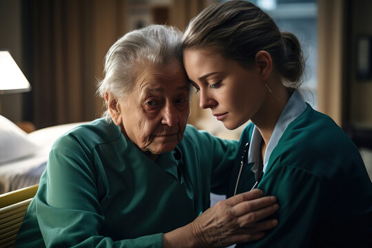 Young nurse consoling senior patient living with mental illness.