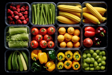 Fresh assortment of fruits and vegetables in containers