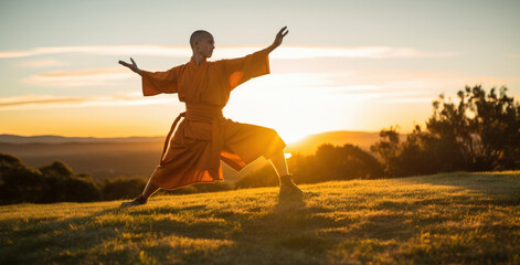 shaolin  monk practicing kung fu outside on the grass at sunset  - obrazy, fototapety, plakaty
