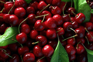 Fresh and ripe cherries with water droplets and green leaves - Powered by Adobe