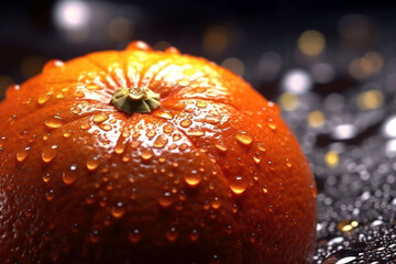 Close-up of a fresh, juicy orange with water droplets - 672164605