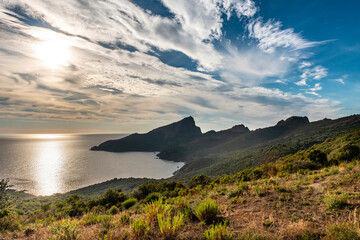 Naklejka premium Landscape with Capo Rosso, Corsica island, France