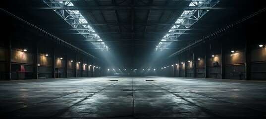 Empty hangar with illuminated light. Generative AI technology. - obrazy, fototapety, plakaty