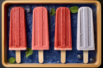 Colorful popsicles on wooden tray