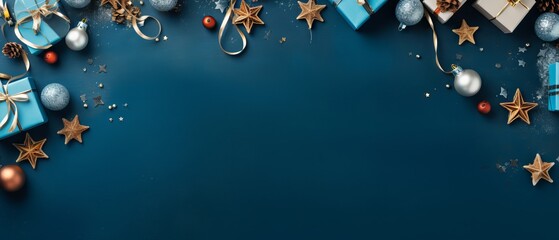 Christmas and new year greeting card with ornaments and gift on blue background with copy space