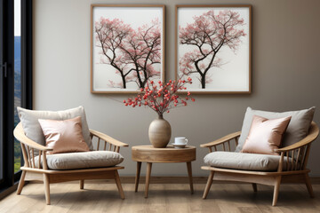 Two beige lounge chairs and round coffee table against wall with frames. Japandi home interior design of modern living room