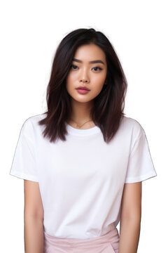 Asian woman with white mock up t-shirt isolated on white background.