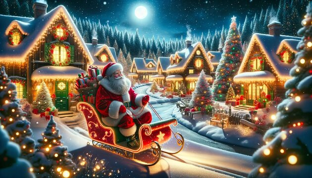 Santa in sleigh amidst snow-covered village with glowing Christmas lights.Generative AI