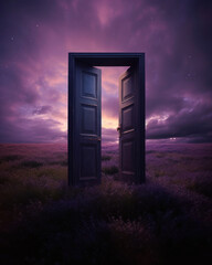 surreal image of an open door in a field of purple flowers