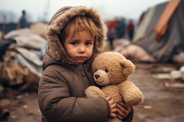 Small toddler boy with a teddy bear toy sad expression on his face and dirty clothes and eyes full of pain hunger war refugee camp tents on background - obrazy, fototapety, plakaty